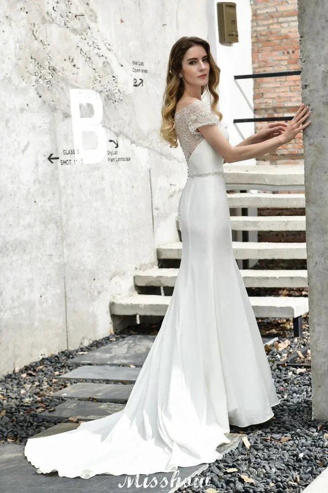 Bateau Short Sleeve Slim Mermaid Wedding Gown Satin Bridal Gown Sweep/Trump Train (ZD13963)