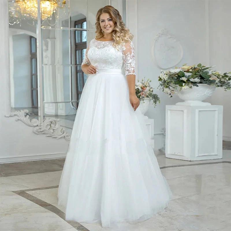 Vintage Beach Wedding Dress Plus Size Boho Lace Applique Three Quarter Sleeves Tulle Bride Gown A-Line Floor Length (ZD13460) - VelvetHem