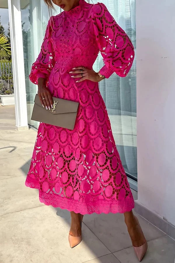 Francisca Premium Romantic, Sensual and Party Midi Dress with Crochet Lace and Lantern Sleeves Chic Silhouette Collection