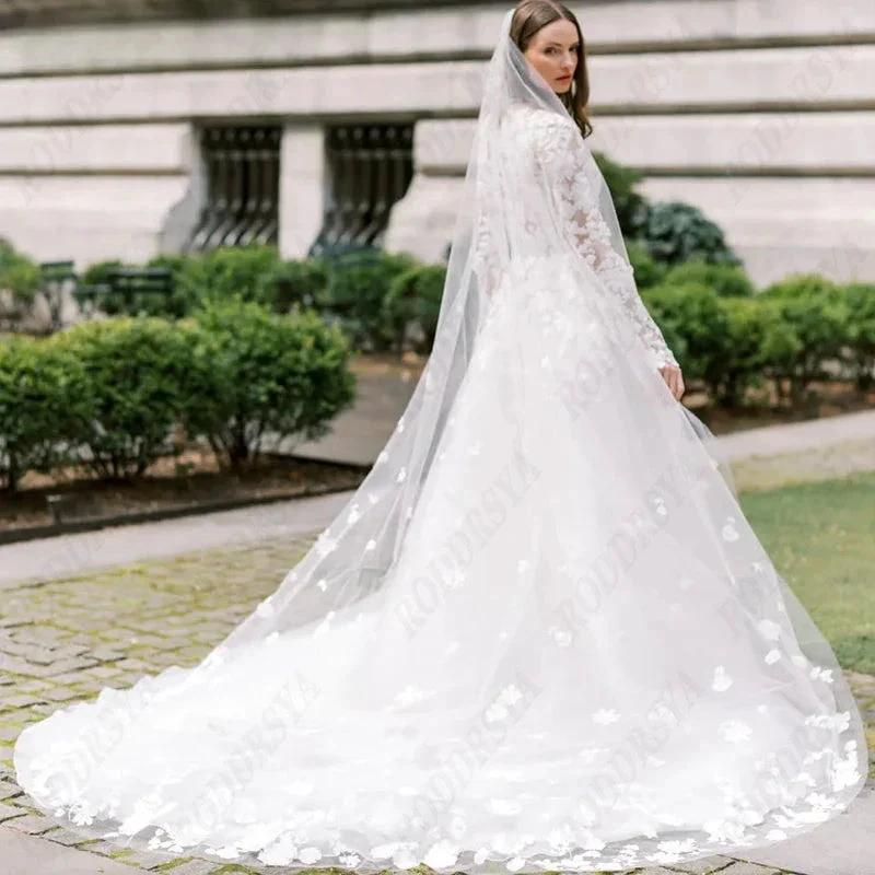 Princess Long Sleeve Wedding Dress For Women Romantic Lace High Neck Bride Party Gorgeous Applique Boho Bridal Gown (ZD13427)