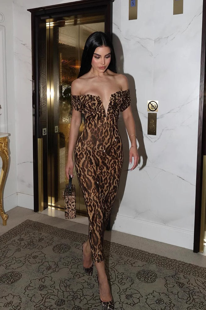 V Neck Off Shoulder Sequin Midi Dress