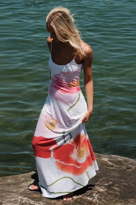 Floral U Neck Strap Backless Vacation Dress