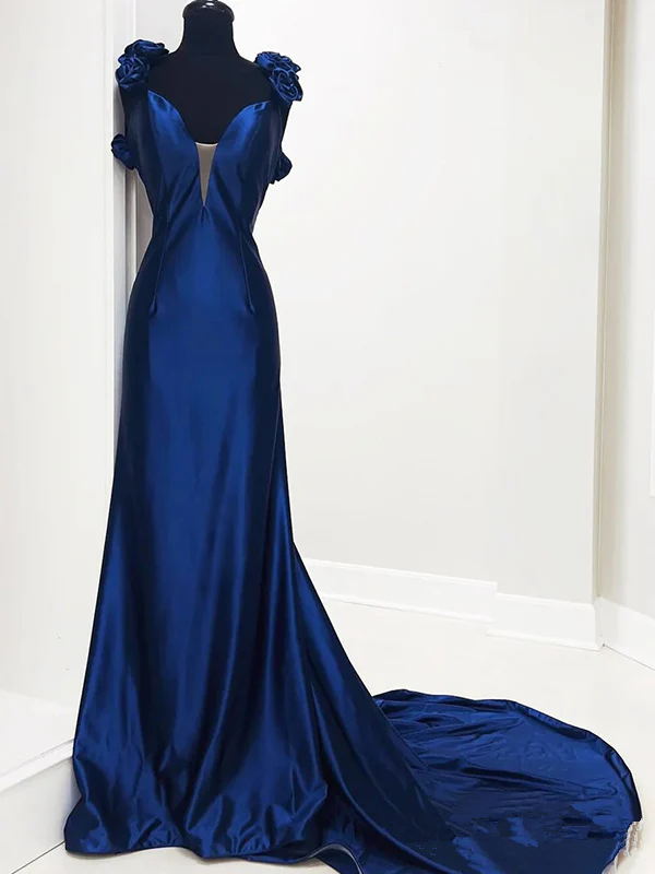 Elegant Deep V Navy Blue Mermaid Long Party Dress Evening Dress - View 3 | VelvetHem
