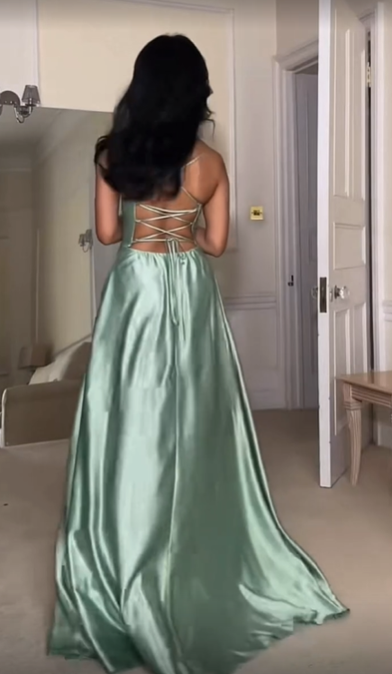 Sexy Slit Satin Evening Dress Spaghetti Straps A Line Prom Dress - View 3 | VelvetHem