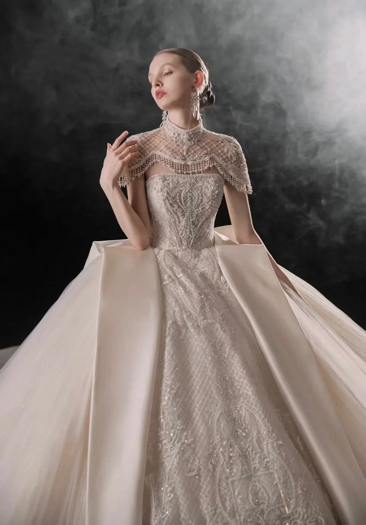 Regal High-Neck Ball Gown Beaded Mesh Capelet Satin Panel Wedding Dress with Embroidered Train (ZD16902) - VelvetHem