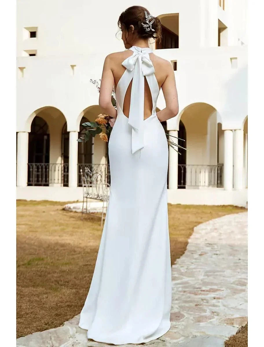 Beach Boho Wedding Dresses Sweep Train Mermaid Halter Sleeveless Stretch Fabric with Solid Color - VelvetHem