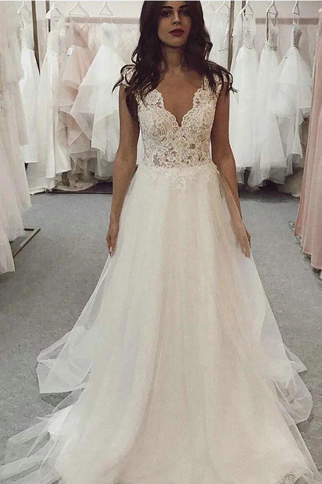 Beach Ivory Long A Line V Neck Tulle Lace Wedding Dress (ZD15847) - VelvetHem