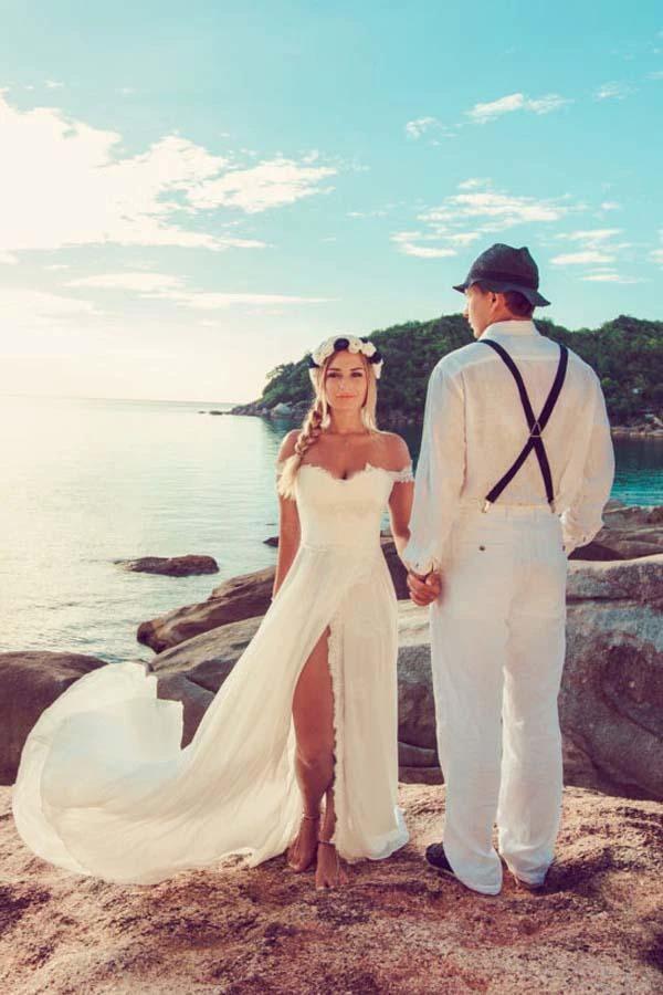 Beach Lace Off The Shoulder Long Chiffon Wedding Dresses (ZD16318) - VelvetHem