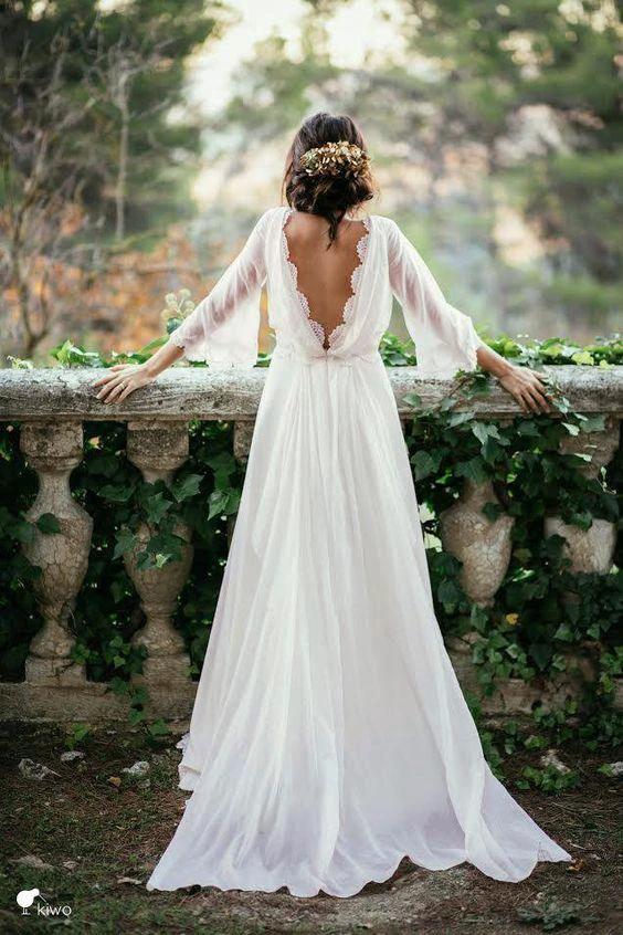 Beach Long A-line Chiffon Backless Wedding Dress with Sleeves (ZD15860) - VelvetHem