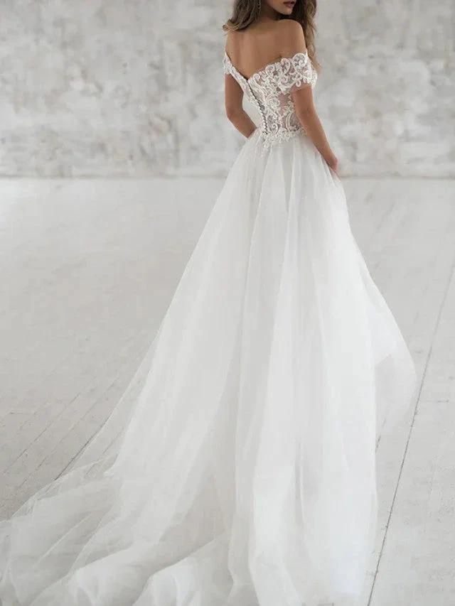 Beach Long A-Line Off the Shoulder Lace Tulle Wedding Dresses (ZD15947)