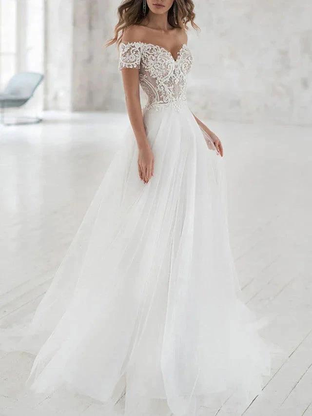 Beach Long A-Line Off the Shoulder Lace Tulle Wedding Dresses (ZD15947) - VelvetHem