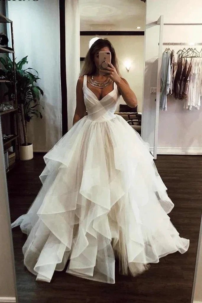 Beach Long A-line Sweetheart Tulle Cascading Ruffles Wedding Dress (ZD15843) - VelvetHem
