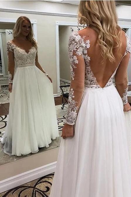 Beach Long A Line V Neck Tulle Backless Wedding Dress with Sleeves (ZD15841)
