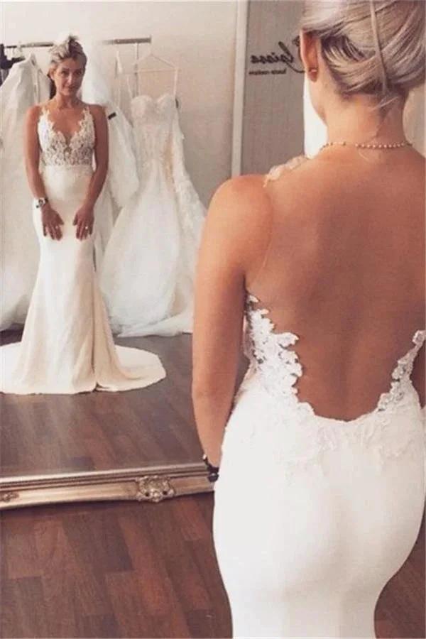 Beach Long Mermaid V-neck Lace Open Back Wedding Dresses (ZD15928) - VelvetHem
