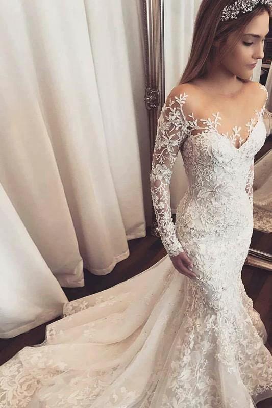 Beach Long Sleeves Mermaid Tulle Appliques Lace Wedding Dress (ZD15866) - VelvetHem