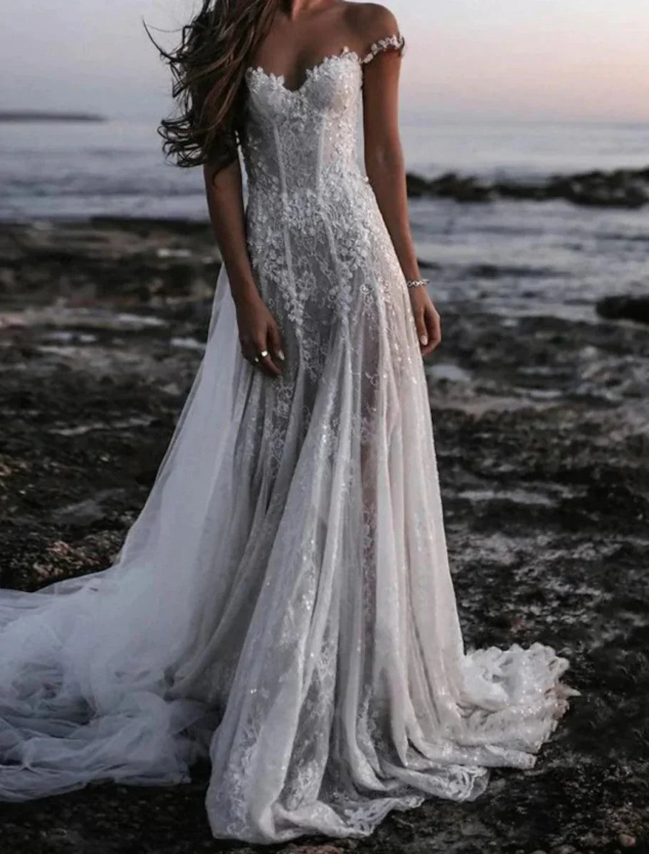 Beach Open Back Boho Wedding Dresses A-Line Off Shoulder Cap Sleeve Court Train Lace Bridal Gowns With Appliques Solid Color Summer Fall Wedding Party - VelvetHem