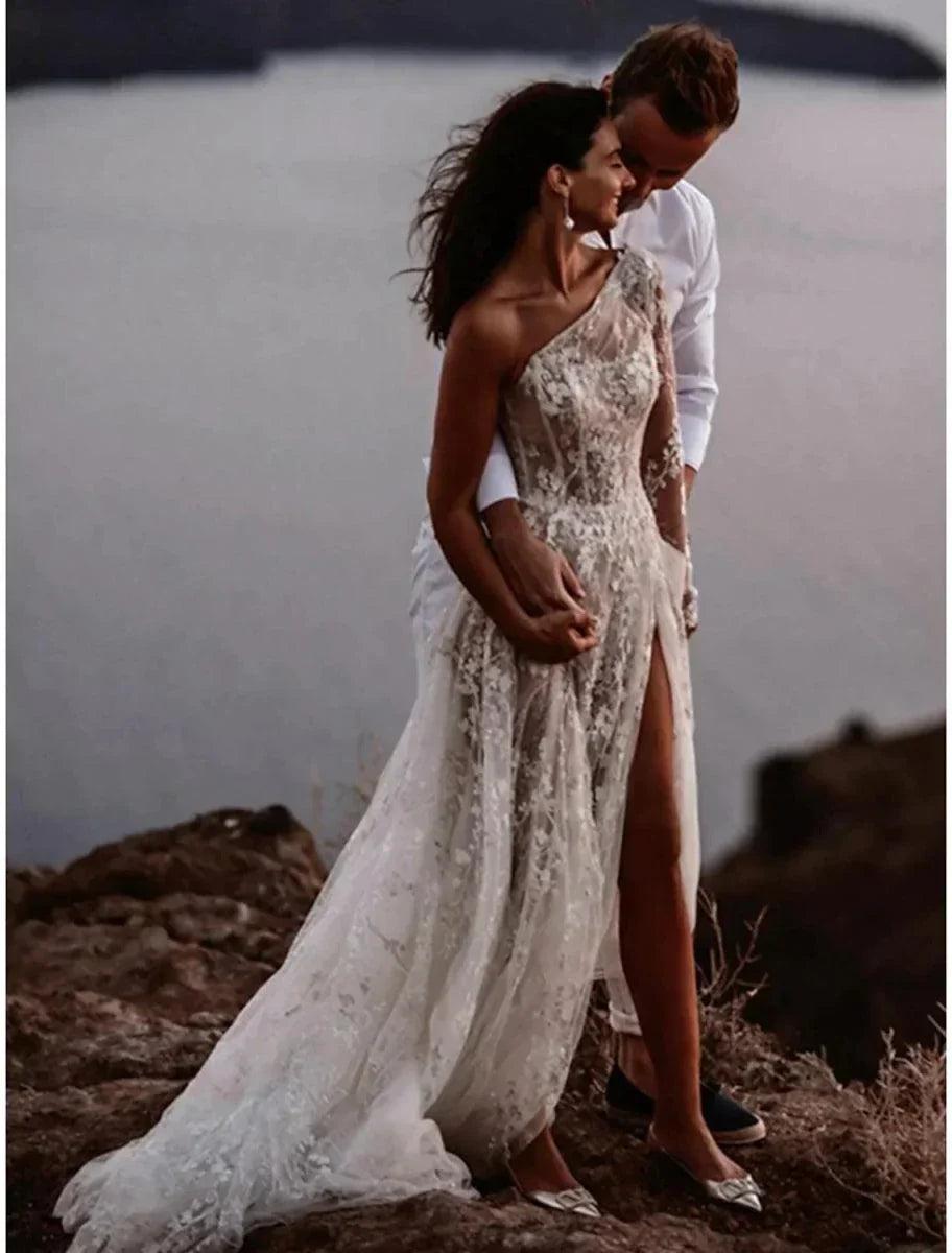 Beach Sexy Boho Wedding Dresses A-Line One Shoulder Long Sleeve Sweep / Brush Train Lace Bridal Gowns With Split Front - VelvetHem