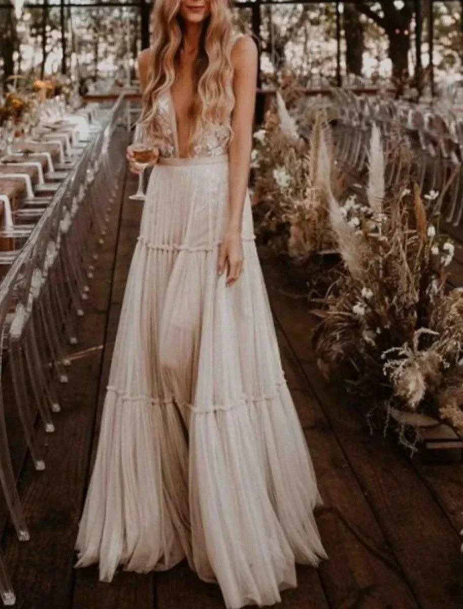 Beach Sexy V Neck Sleeveless Floor Length Tulle Bridal Gowns With Wedding Dresses - VelvetHem