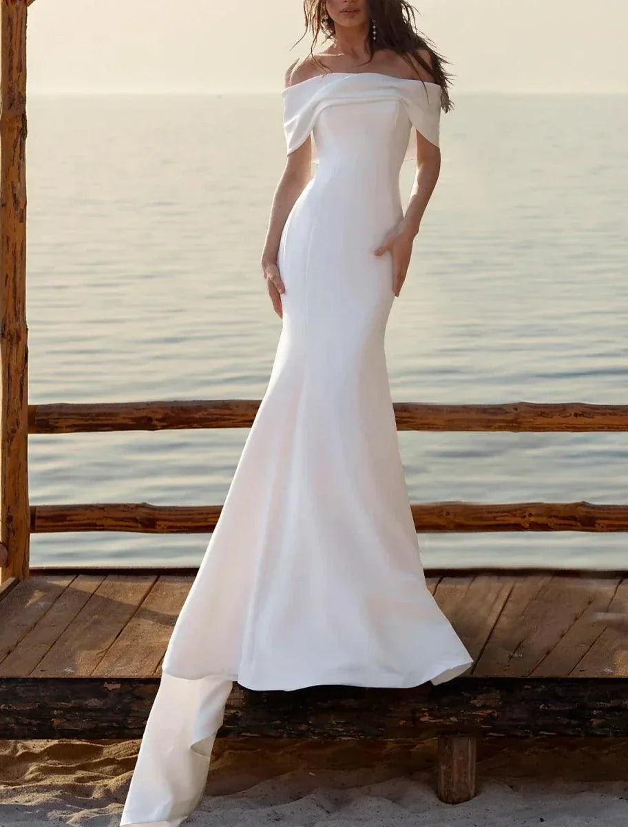 Beach Simple Mermaid / Trumpet Off Shoulder Cap Sleeve Court Train Satin Wedding Dresses Bridal Gowns - VelvetHem