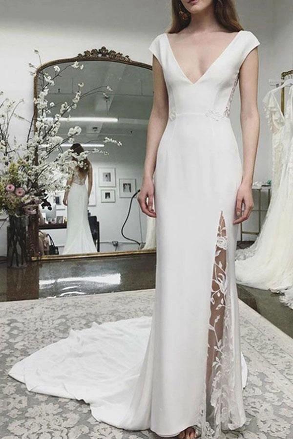 Beach Wedding Dress Cap Sleeves Appliques Backless Lace Bridal Dresses (ZD15325) - VelvetHem