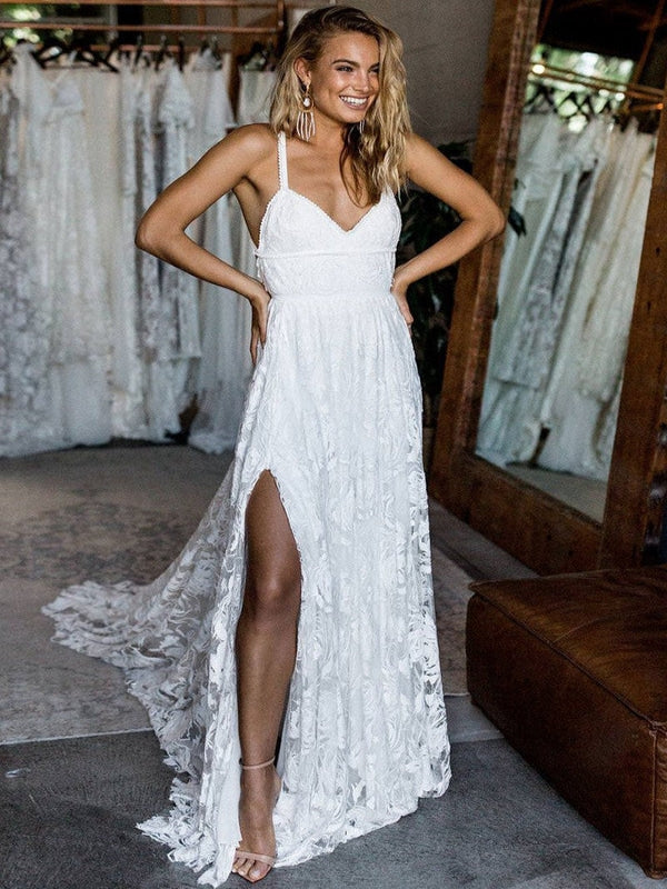 Vintage Floral Lace V-Neck Crisscross Back High Split Wedding Dress - VelvetHem