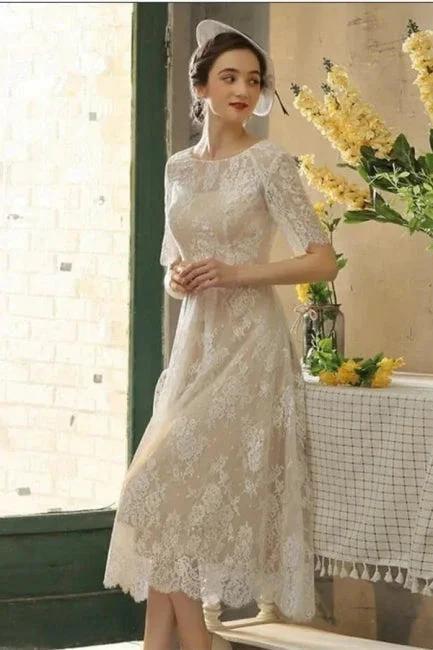 Beautiful A-line Lace Short Wedding Dresses With 3/4 Sleeves (ZD16521) - VelvetHem