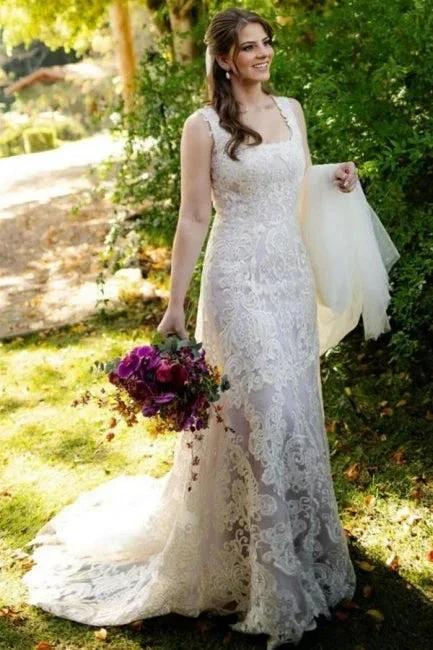 Beautiful A-Line Lace Square Sleeveless Ivory Long Wedding Dress With Appliques (ZD16638)