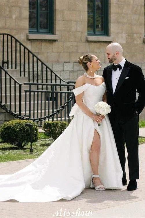 Beautiful A-Line Off-The-Shoulder Scoop Sleeveless Ruffles Satin Split Front White Wedding Dresses (ZD15574)