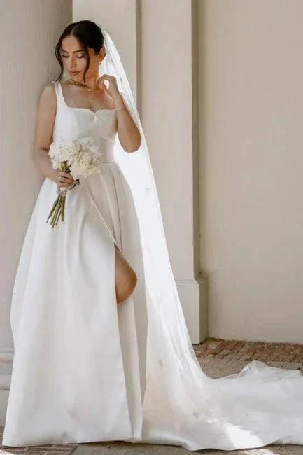 Beautiful A-Line Satin Off-The-Shoulder Sleeveless White Wedding Dresses With Split Front (ZD15524)