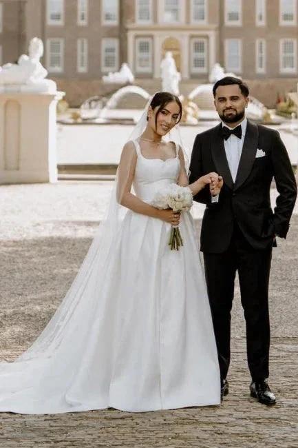 Beautiful A-Line Satin Off-The-Shoulder Sleeveless White Wedding Dresses With Split Front (ZD15524)