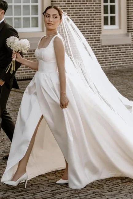Beautiful A-Line Satin Off-The-Shoulder Sleeveless White Wedding Dresses With Split Front (ZD15524)