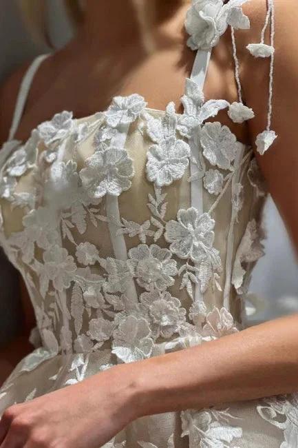 Beautiful A-Line Tulle Lace Spaghetti Straps Sleeveless Ivory Short Wedding Dress With Appliques (ZD16650)