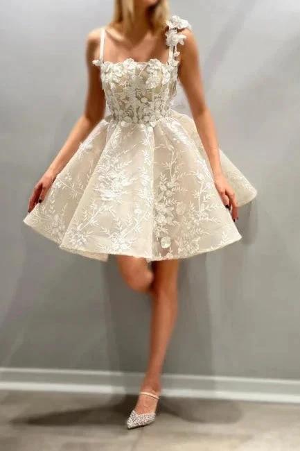 Beautiful A-Line Tulle Lace Spaghetti Straps Sleeveless Ivory Short Wedding Dress With Appliques (ZD16650)