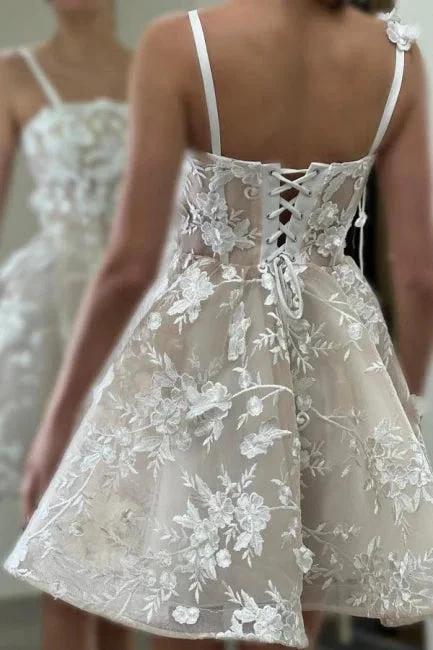 Beautiful A-Line Tulle Lace Spaghetti Straps Sleeveless Ivory Short Wedding Dress With Appliques (ZD16650)
