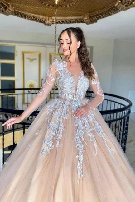 Beautiful A-Line Tulle Lace V-Neck Long Sleeve Long Wedding Dress With Appliques Ruffles (ZD16633)