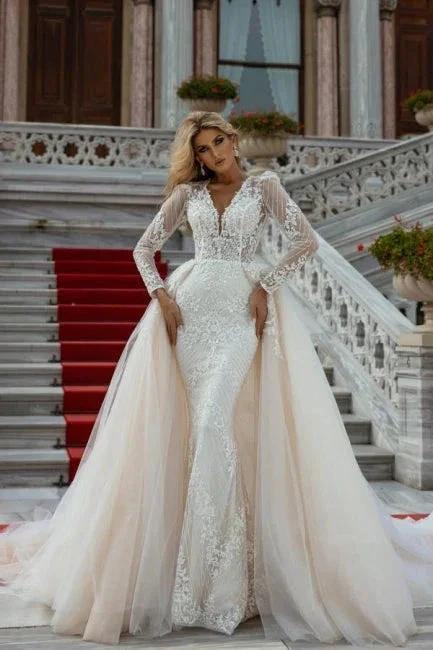 Beautiful A-Line V-neck Lace Long Sleeves Mermaid Wedding Dresses With Detachable Train (ZD14965) - VelvetHem