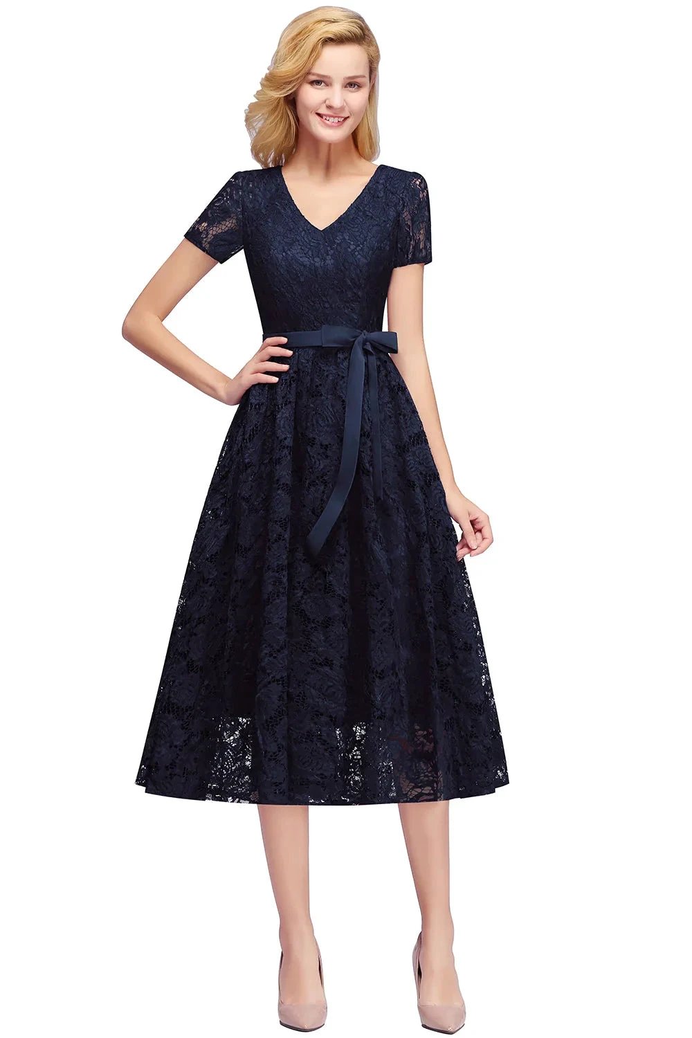 Beautiful A-Line V-Neck Short Sleeve Lace Short Bridesmaid Dresses by misshow.com
