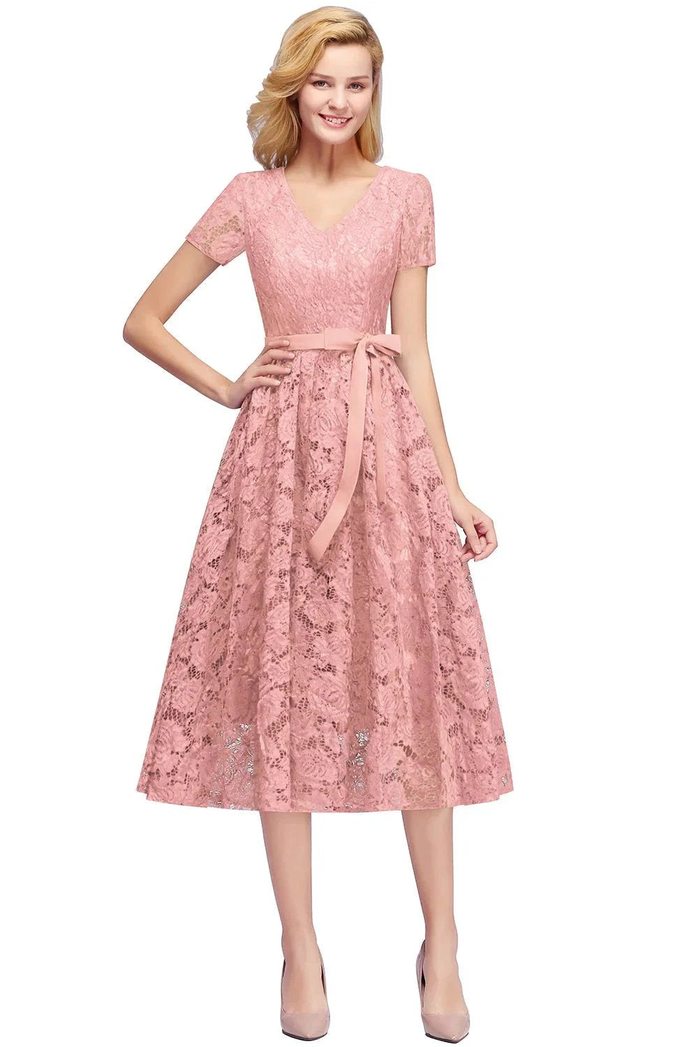 Beautiful A-Line V-Neck Short Sleeve Lace Short Bridesmaid Dresses by misshow.com