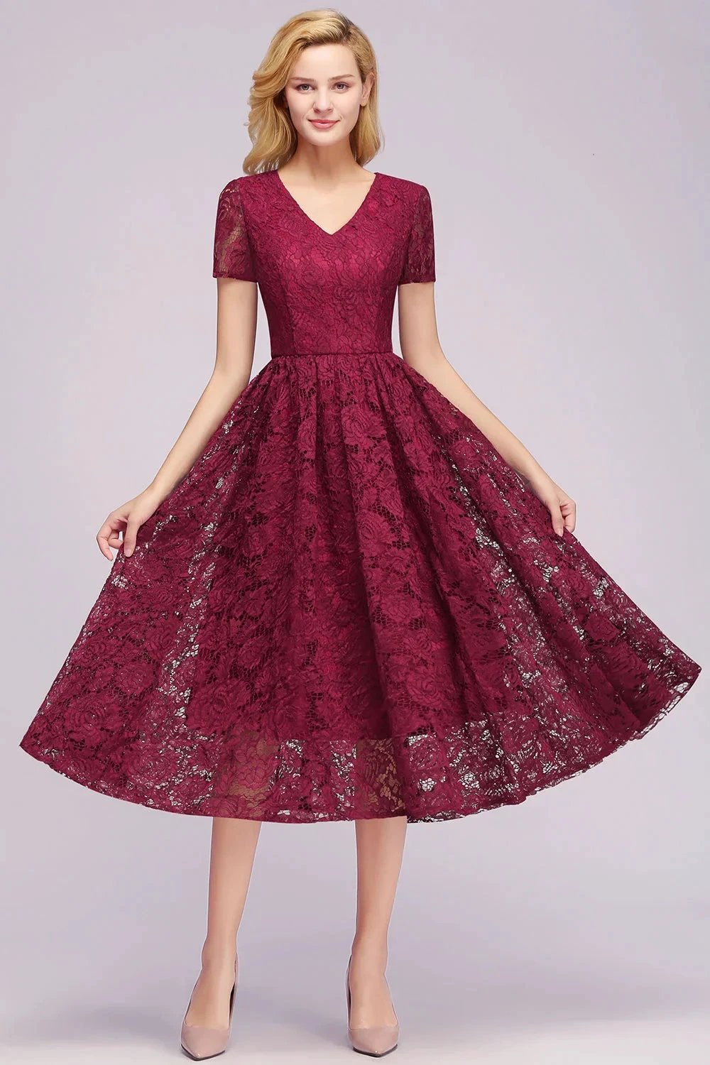 Beautiful A-Line V-Neck Short Sleeve Lace Short Bridesmaid Dresses by misshow.com