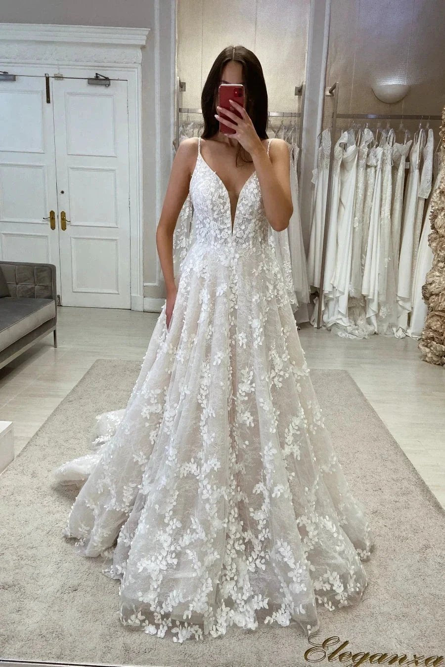 Beautiful A-line V-neck Spaghetti Straps Appliques Wedding Dress With Lace (ZD14556)