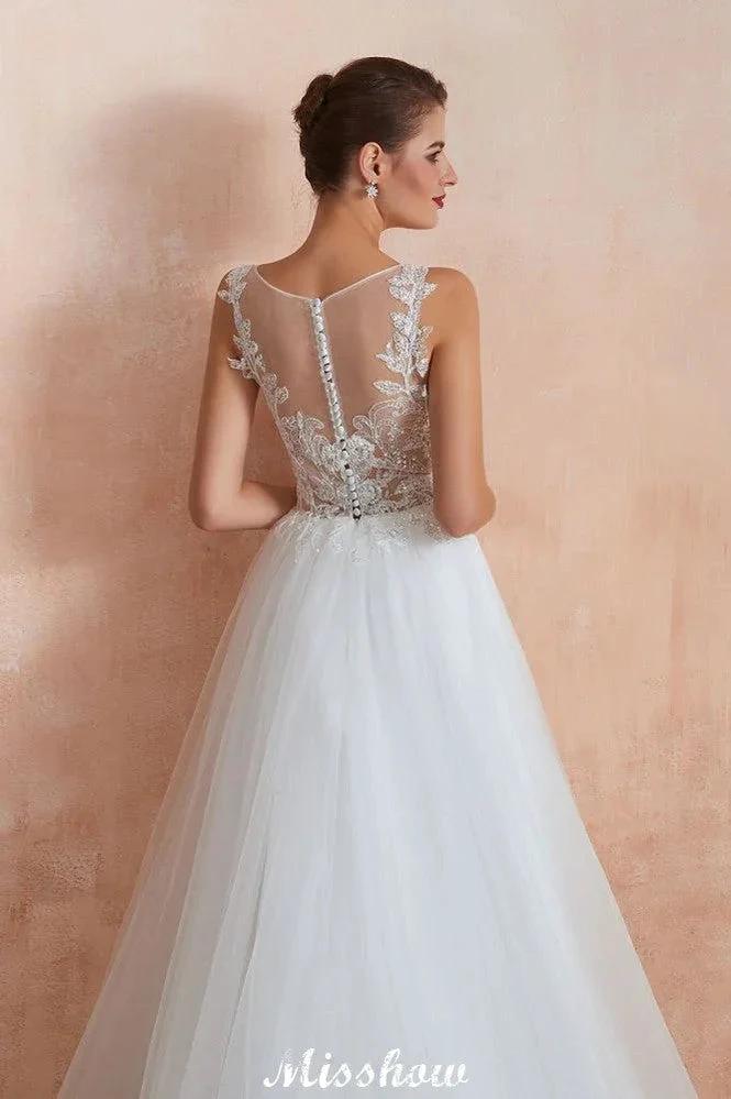 Beautiful Bateau Neck White Wedding Dress Sparkly Sequins Lace Bridal Gown (ZD13973)
