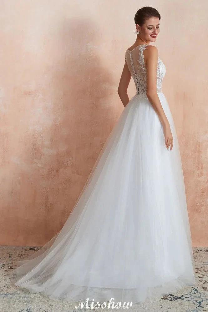 Beautiful Bateau Neck White Wedding Dress Sparkly Sequins Lace Bridal Gown by misshow.com