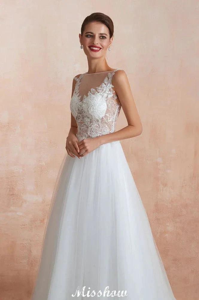 Beautiful Bateau Neck White Wedding Dress Sparkly Sequins Lace Bridal Gown (ZD13973)