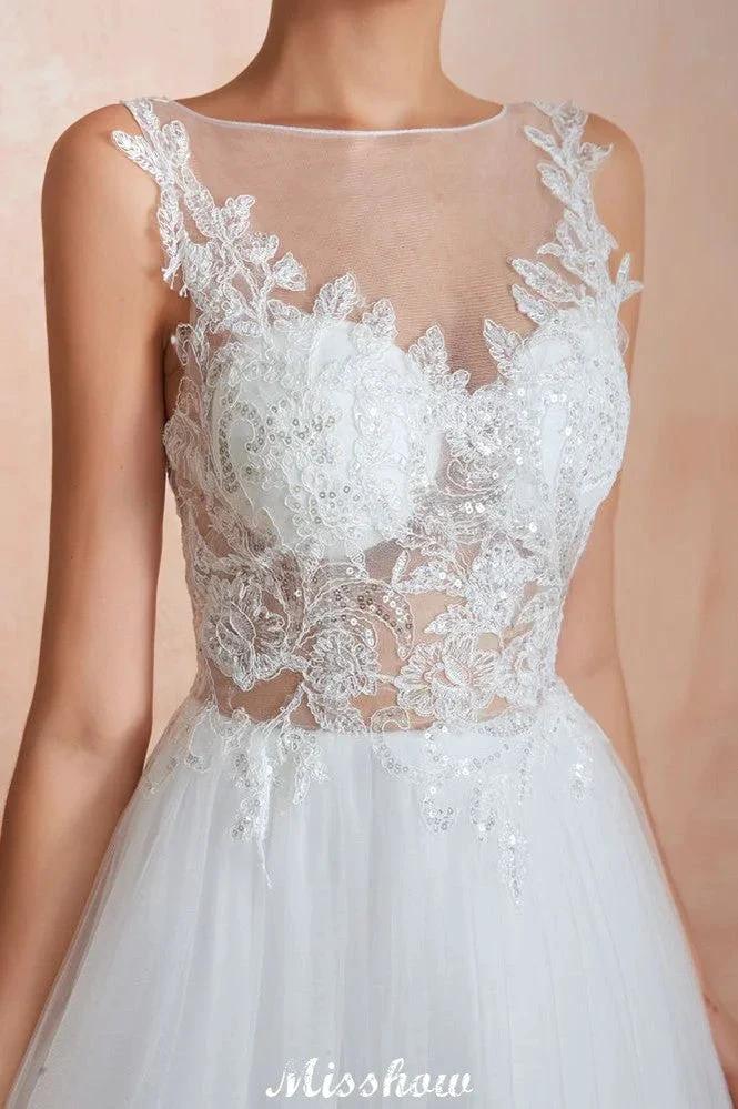Beautiful Bateau Neck White Wedding Dress Sparkly Sequins Lace Bridal Gown (ZD13973)
