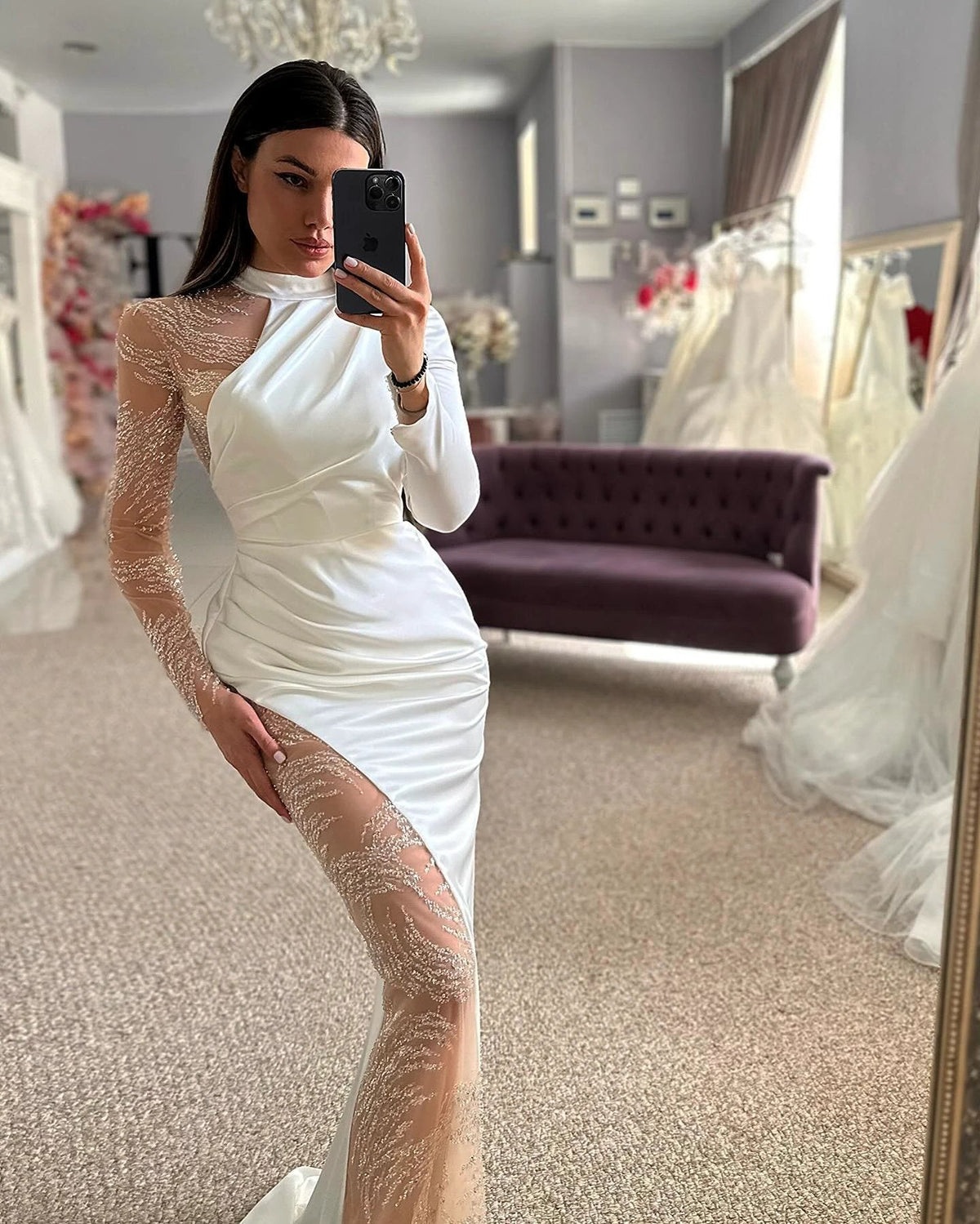 Beautiful Column Satin Lace Halter Long Sleeve Wedding Dress With Appliques (ZD15534)