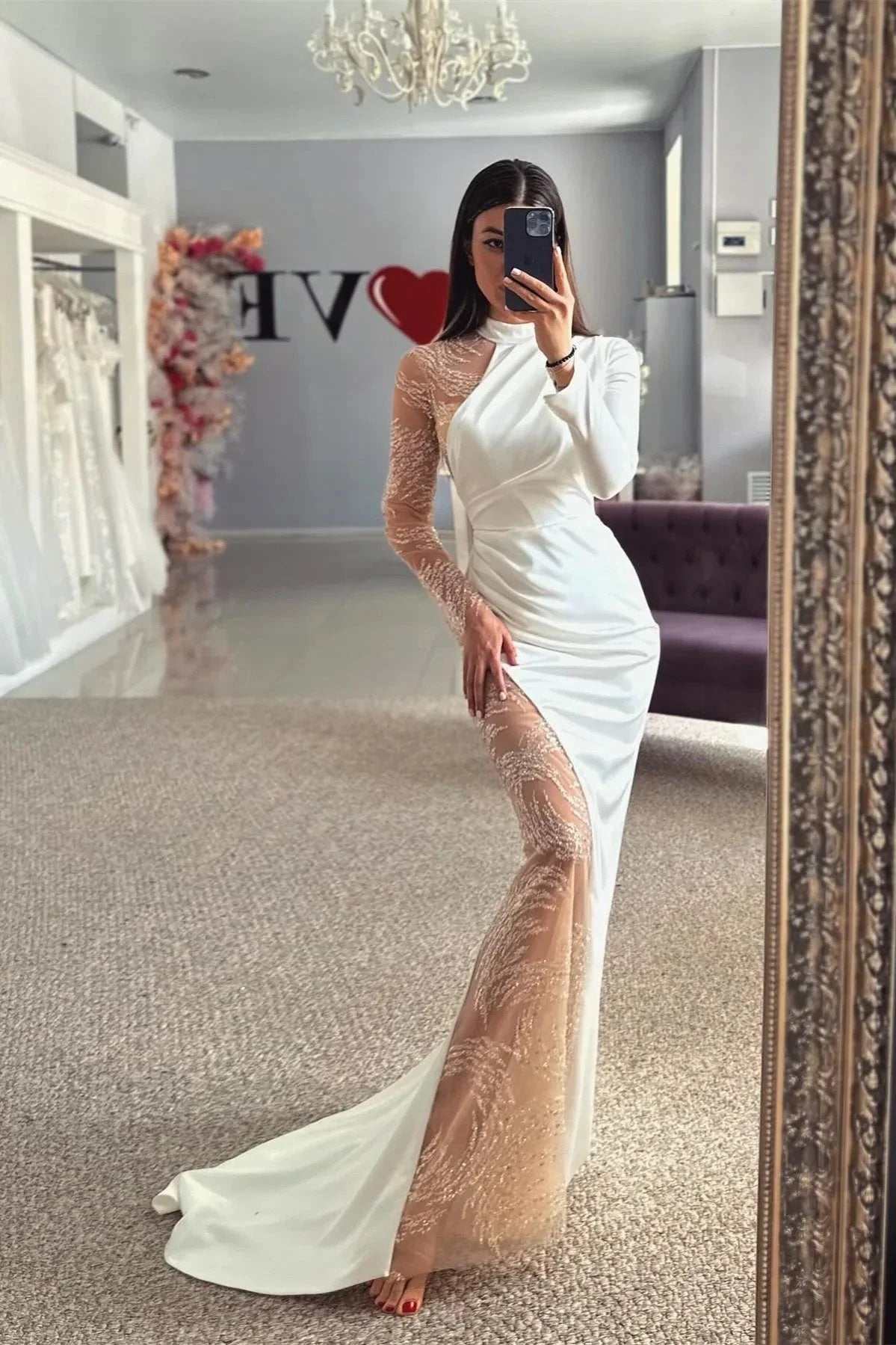 Beautiful Column Satin Lace Halter Long Sleeve Wedding Dress With Appliques (ZD15534) - VelvetHem