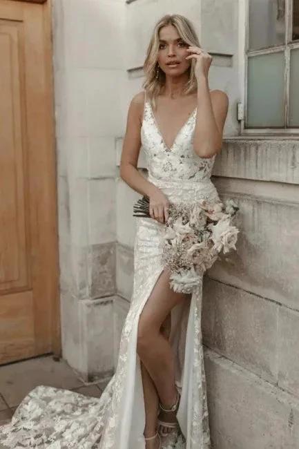 Beautiful Floral Lace Mermaid Sleeveless V-Neck Side Slit Wedding Dress (ZD16532)