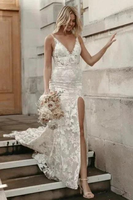 Beautiful Floral Lace Mermaid Sleeveless V-Neck Side Slit Wedding Dress (ZD16532)
