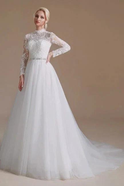 Beautiful Jewel Long-Sleeve A-Line Floor-Length Wedding Dresses with Pattern (ZD14658)