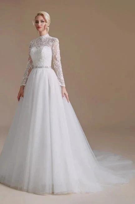 Beautiful Jewel Long-Sleeve A-Line Floor-Length Wedding Dresses with Pattern (ZD14658)